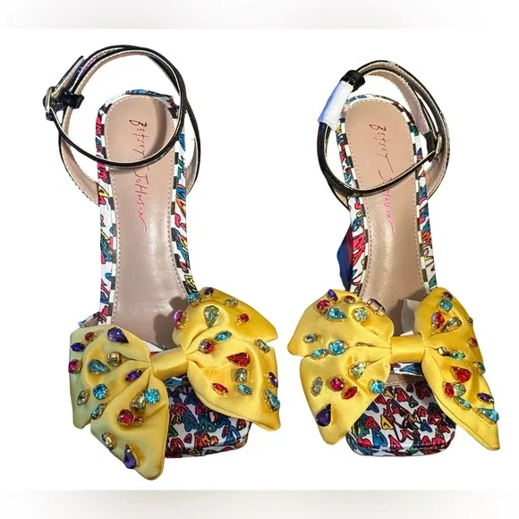 Betsey Johnson NWT Sz 8.5 Whimsical Colorful Heels & Yellow Rhinestone Bow (126) - Picture 6 of 12
